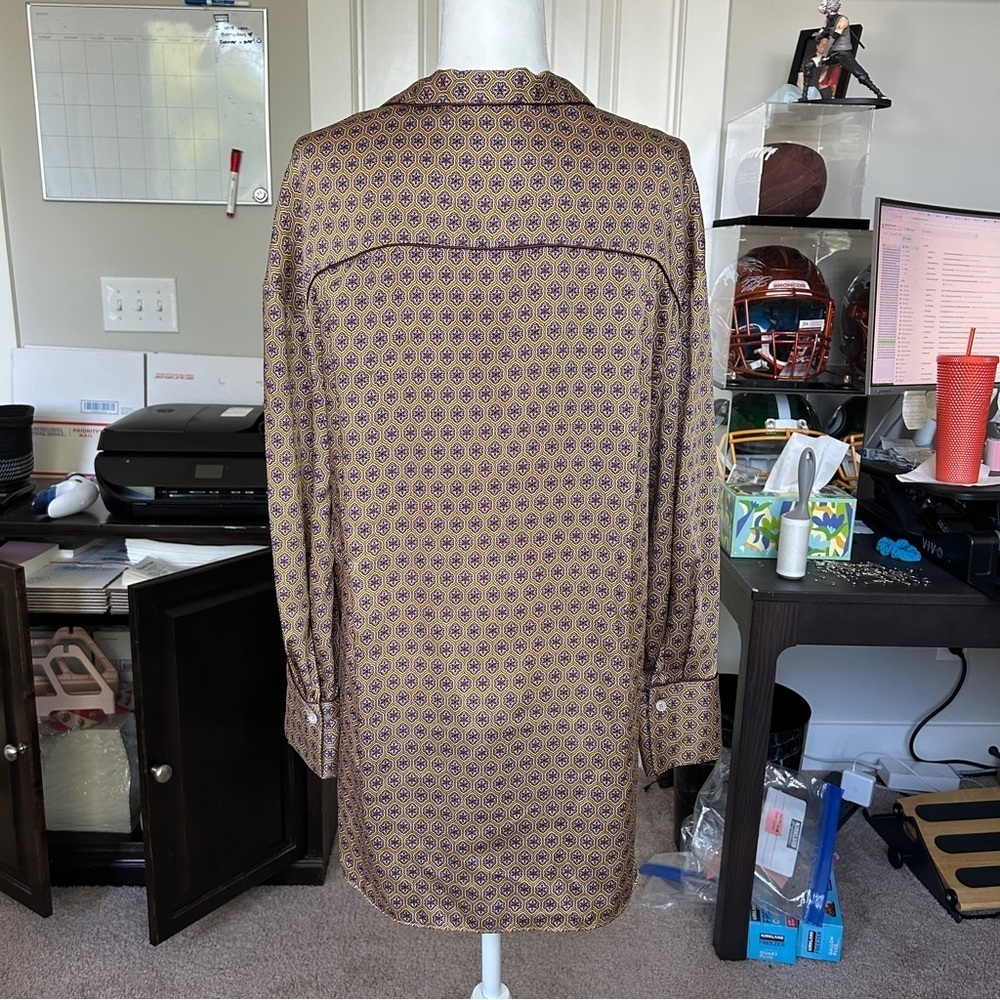 Zara Brown Patterned Button-Up Geometric Patterned Pajama Top Blouse Size Medium - Picture 4 of 11